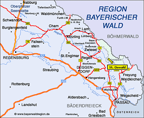 Anfahrt nach St. Oswald im Bayerischen Wald. Straenkarte Bayern